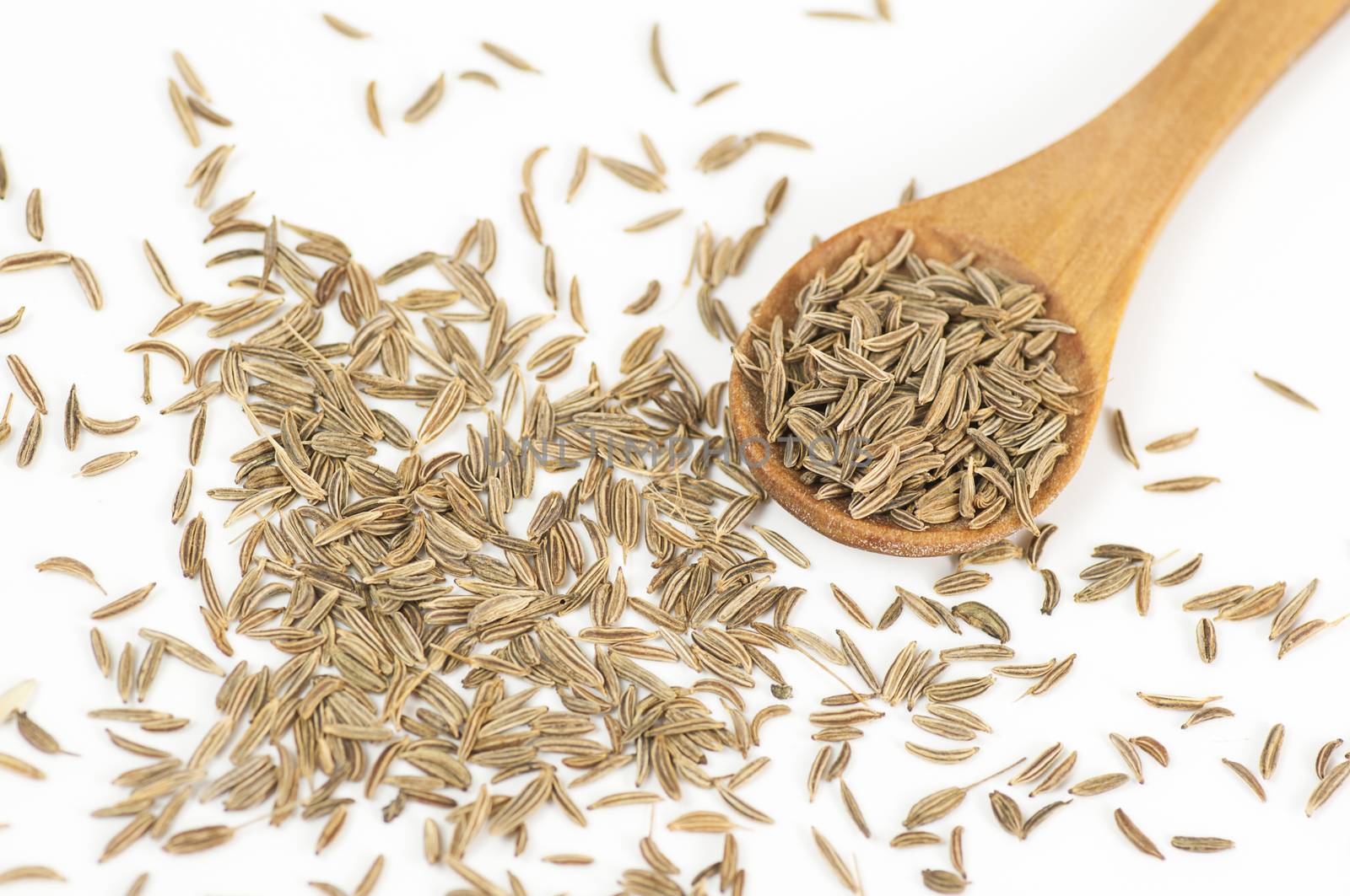 Caraway (Carum carvi) seeds close up isolated on white