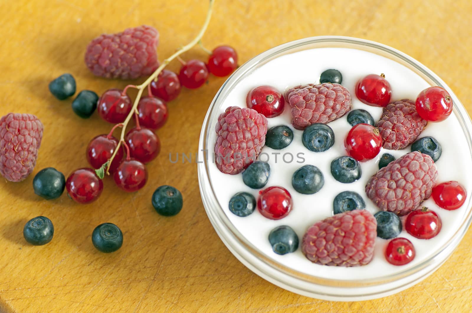 Delicious dessert made of yoghurt and ripe berries (raspberry, red currant and blueberry)