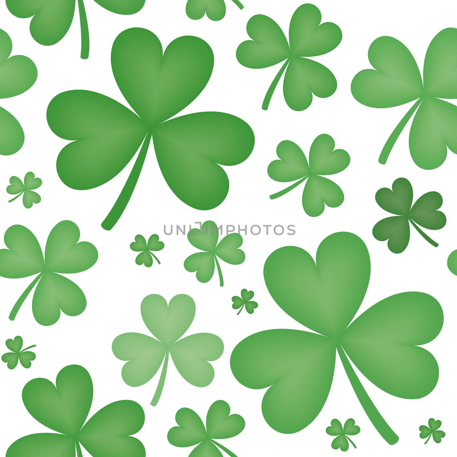 Seamless pattern of green shamrock shapes of varying sizes with white background