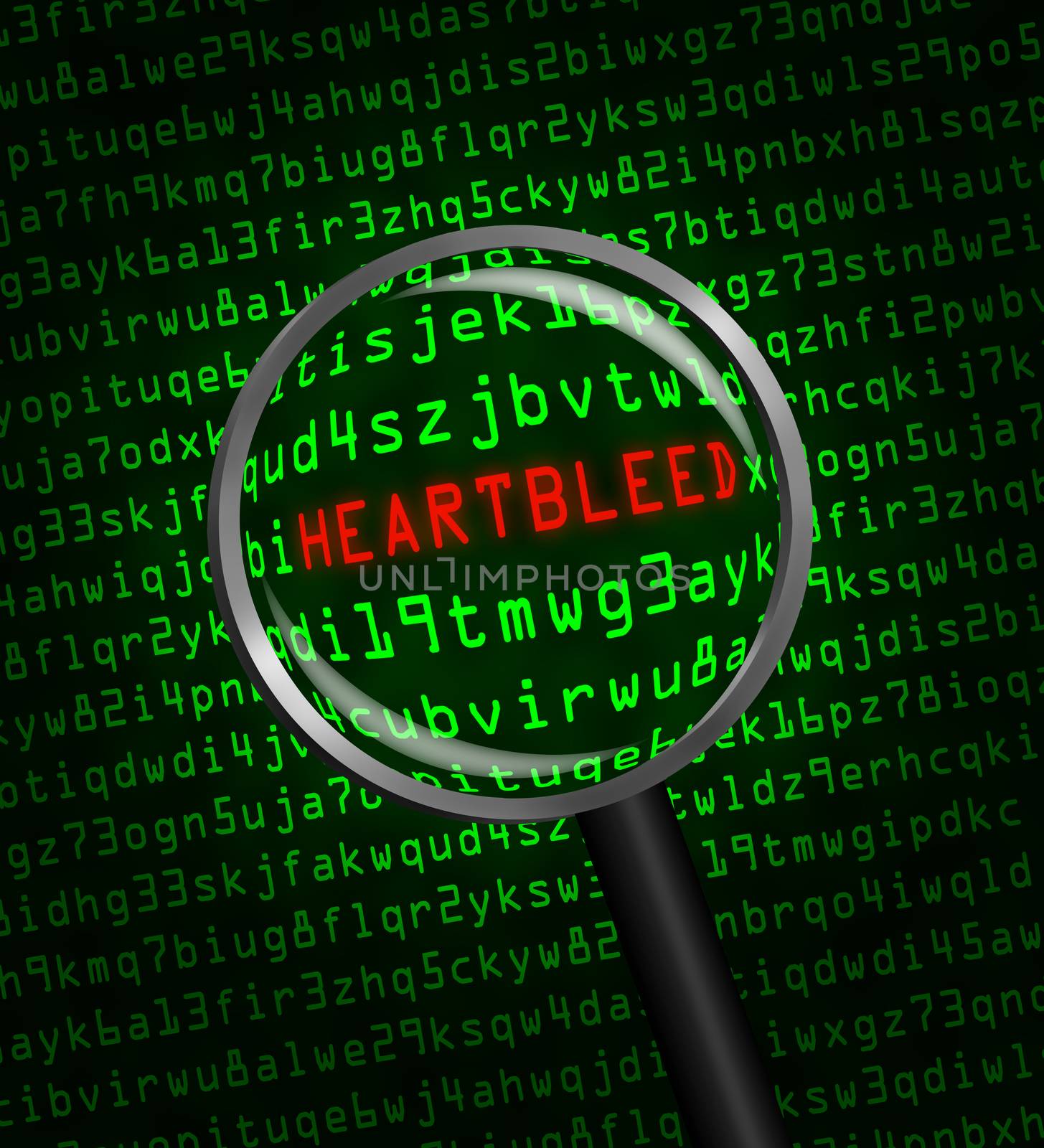 The word "Heartbleed" revealed in computer machine code through a magnifying glass 