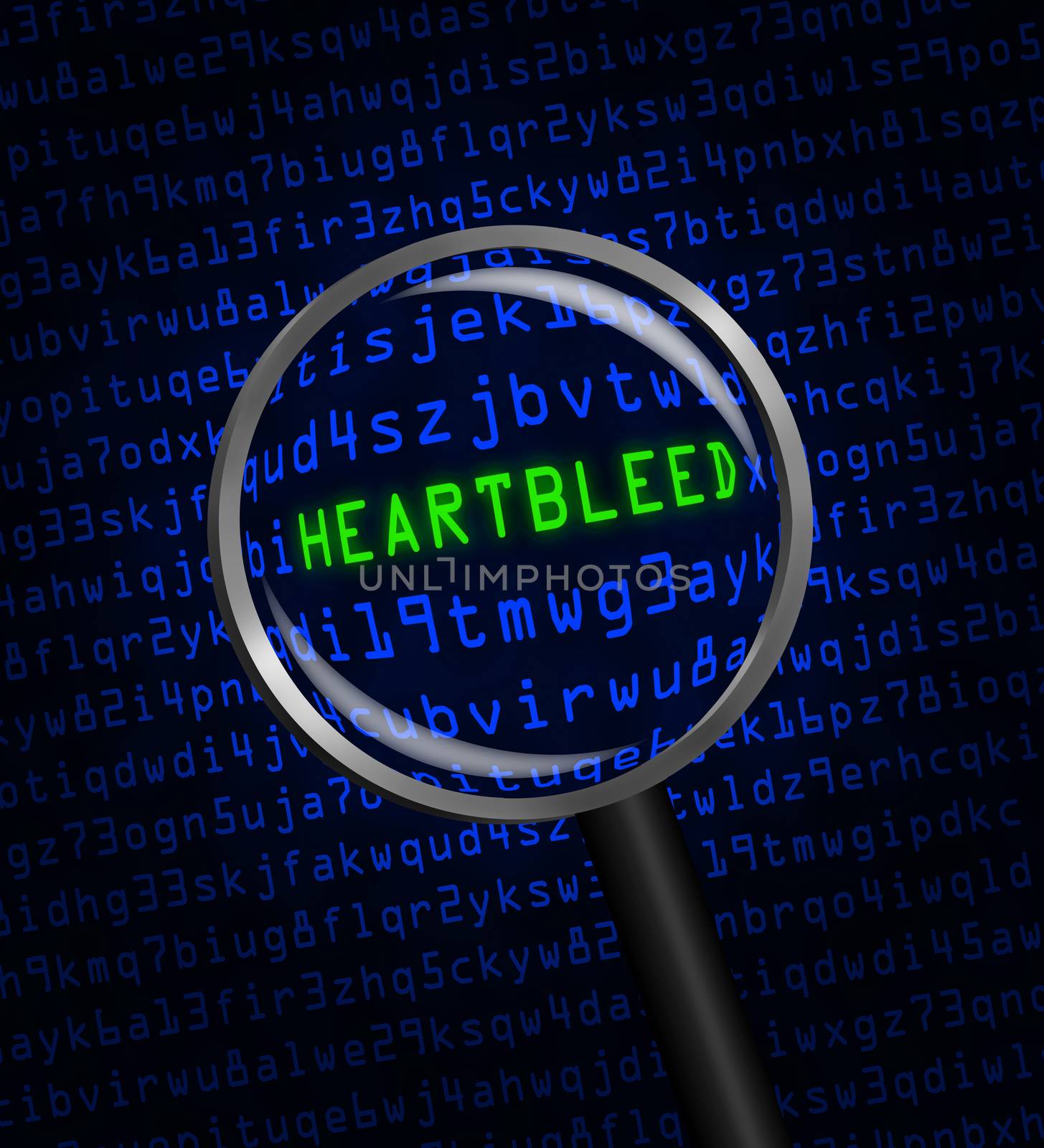 The word "Heartbleed" revealed in blue computer machine code through a magnifying glass 