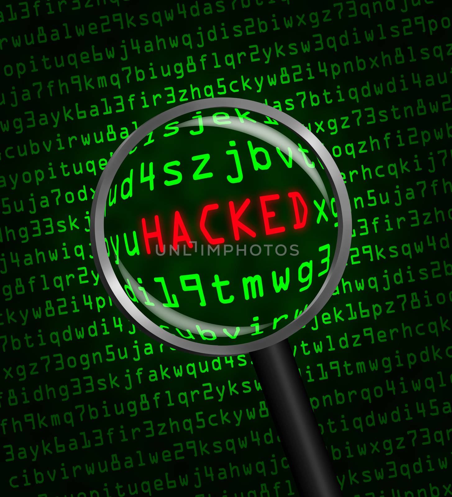 The red word "HACKED" revealed revealed in green computer machine code through a magnifying glass 