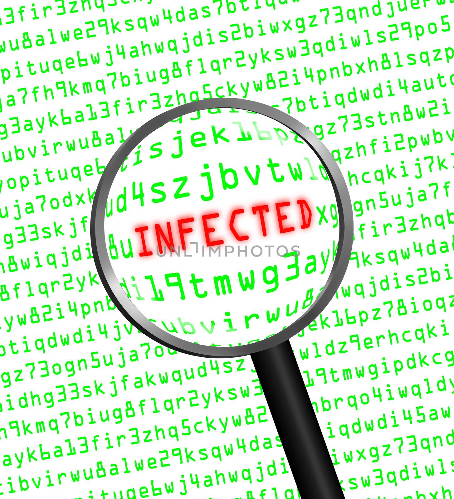 The word "INFECTED" in red revealed in green computer machine code through a magnifying glass, white background