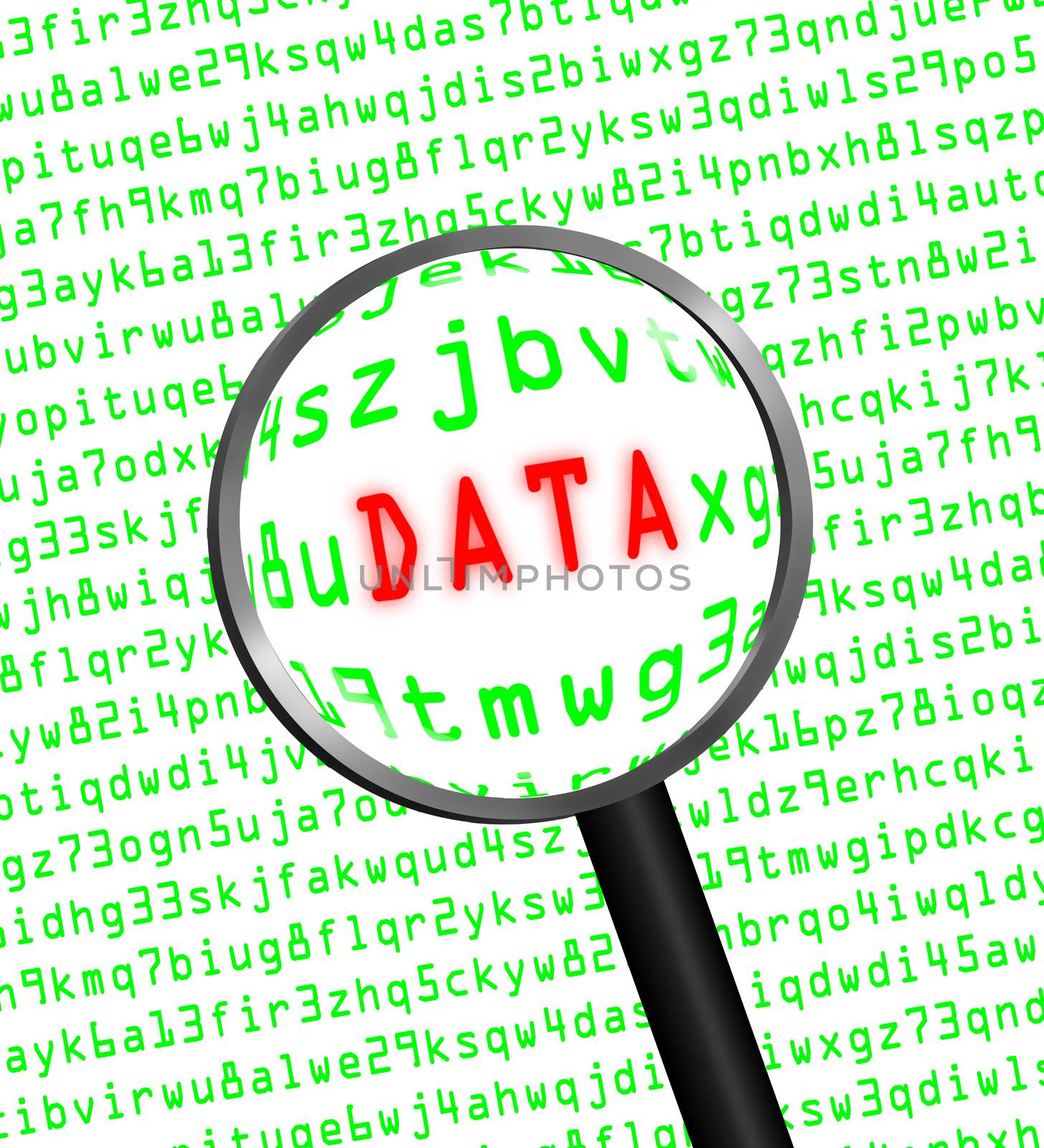 The word "DATA" in red revealed in green computer machine code through a magnifying glass. White background.