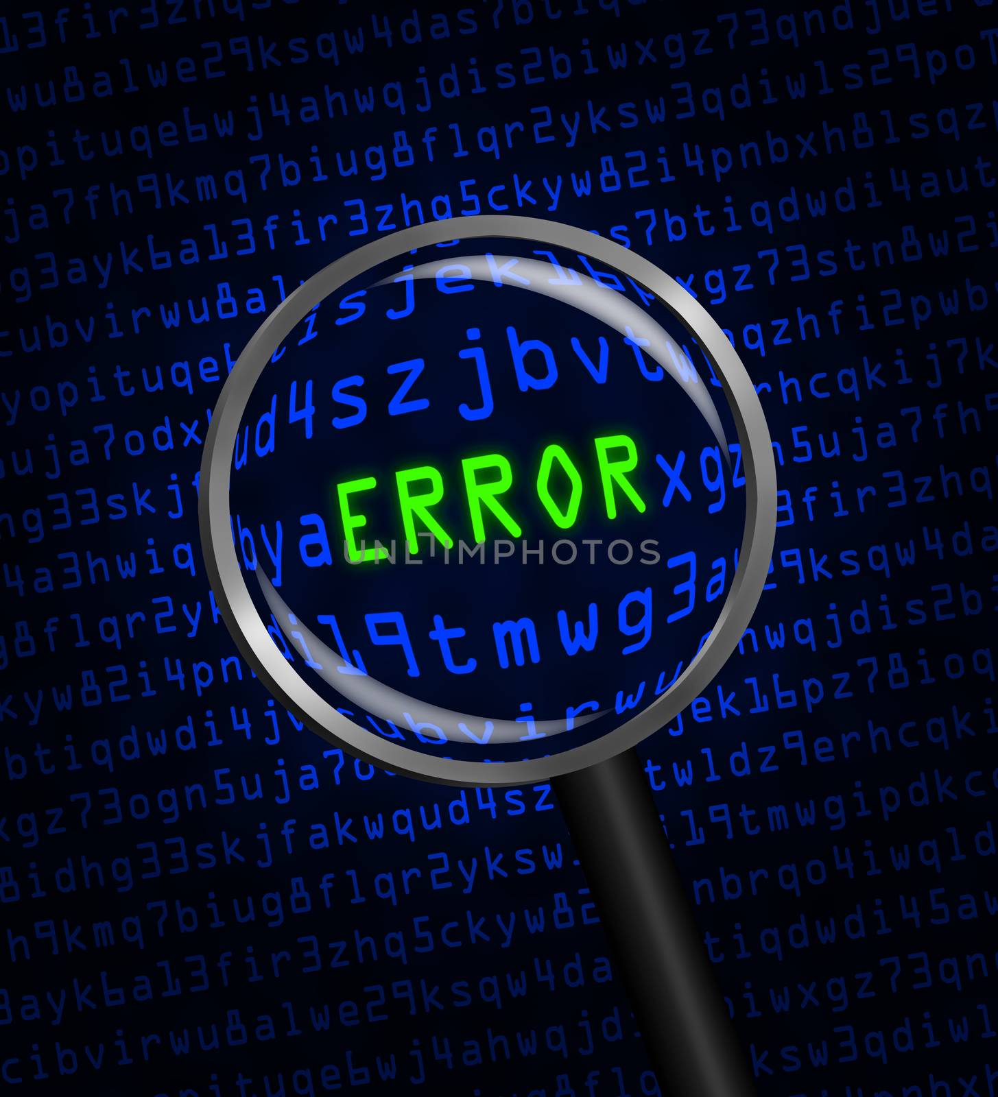 The word "ERROR" in green revealed in blue computer machine code through a magnifying glass.