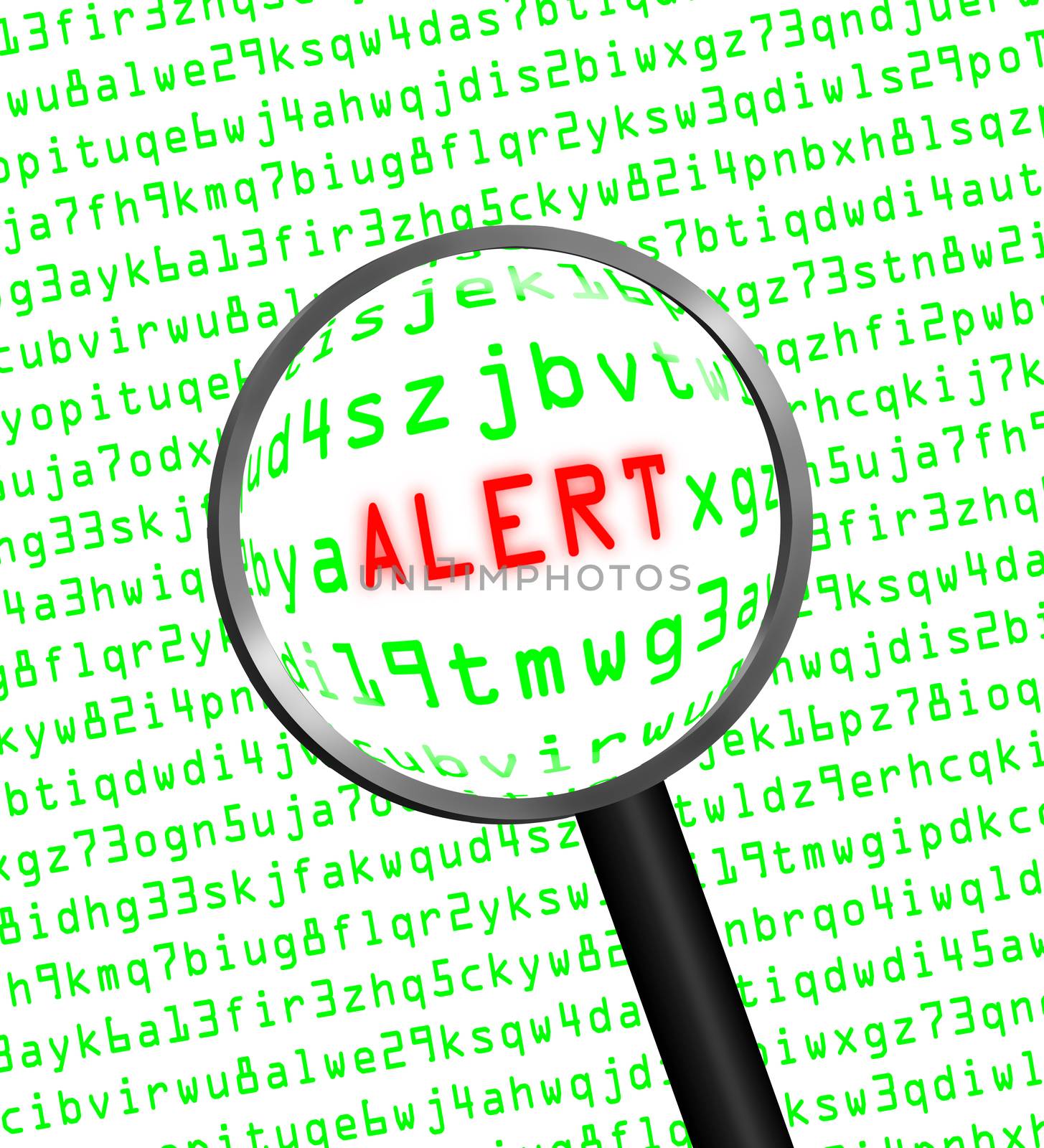 The word "ALERT" in red revealed in green computer machine code through a magnifying glass. White background.