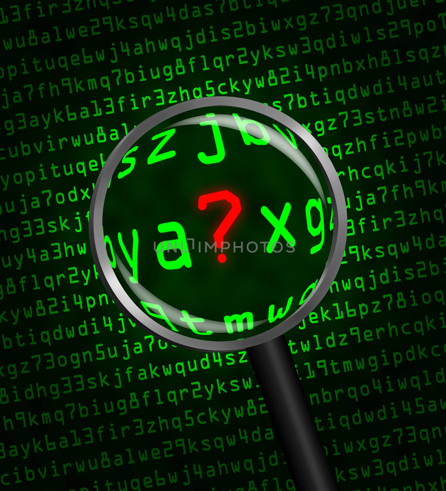 Question Mark ? in red revealed in green computer machine code through a magnifying glass 