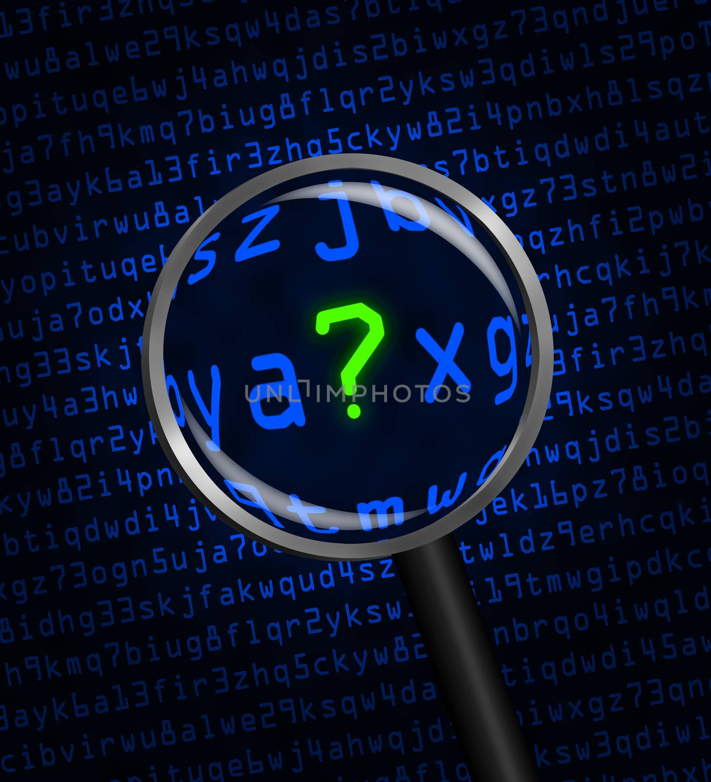 A question mark ? in green revealed in blue computer machine code through a magnifying glass.