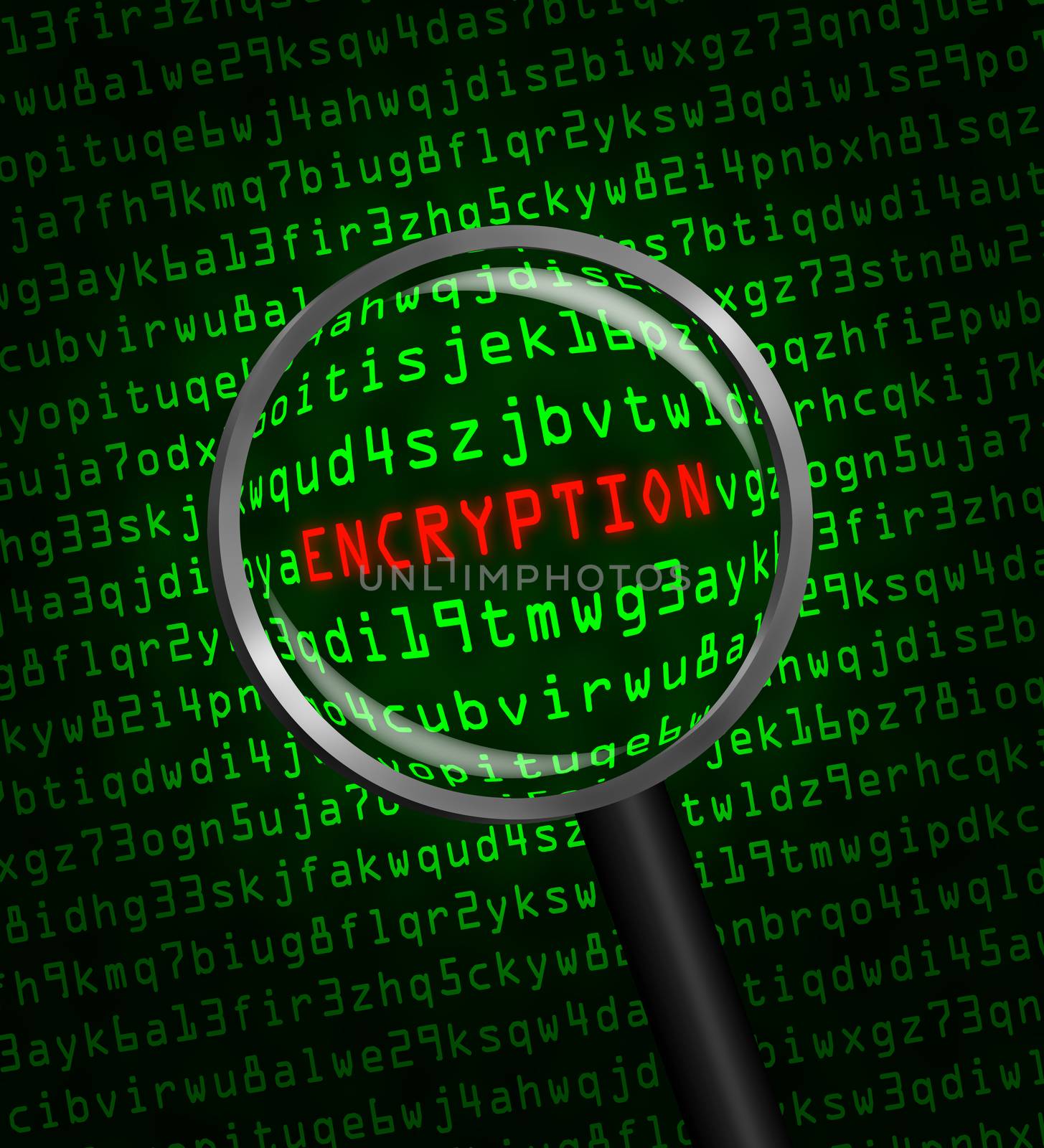 The word "ENCRYPTION" in red revealed in green computer machine code through a magnifying glass 