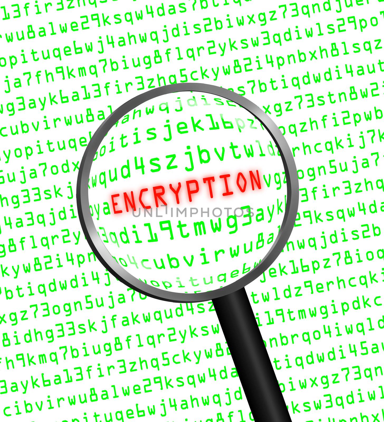 The word "ENCRYPTION" in red revealed in green computer machine code through a magnifying glass. White background.