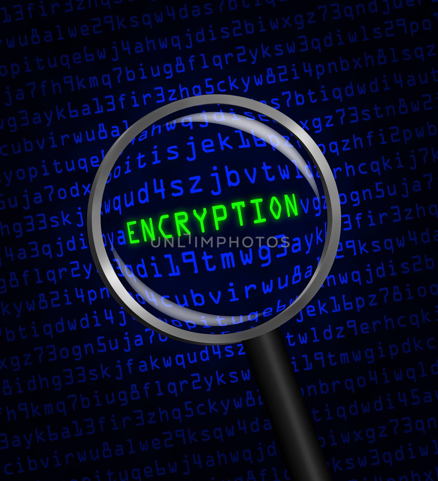 The word "ENCRYPTION" in green revealed in blue computer machine code through a magnifying glass.