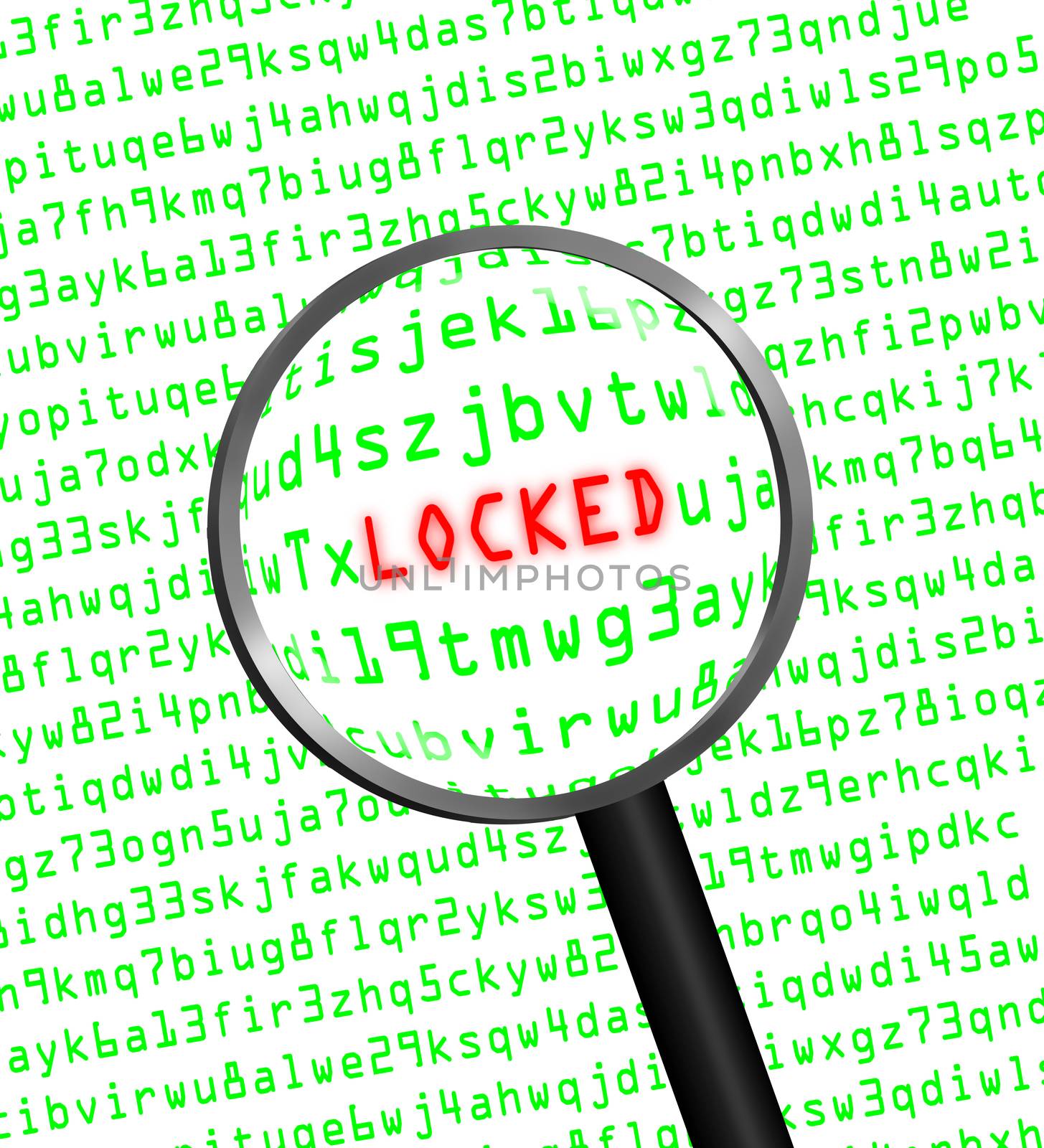 The word "LOCKED" in red revealed in green computer machine code through a magnifying glass. White background.