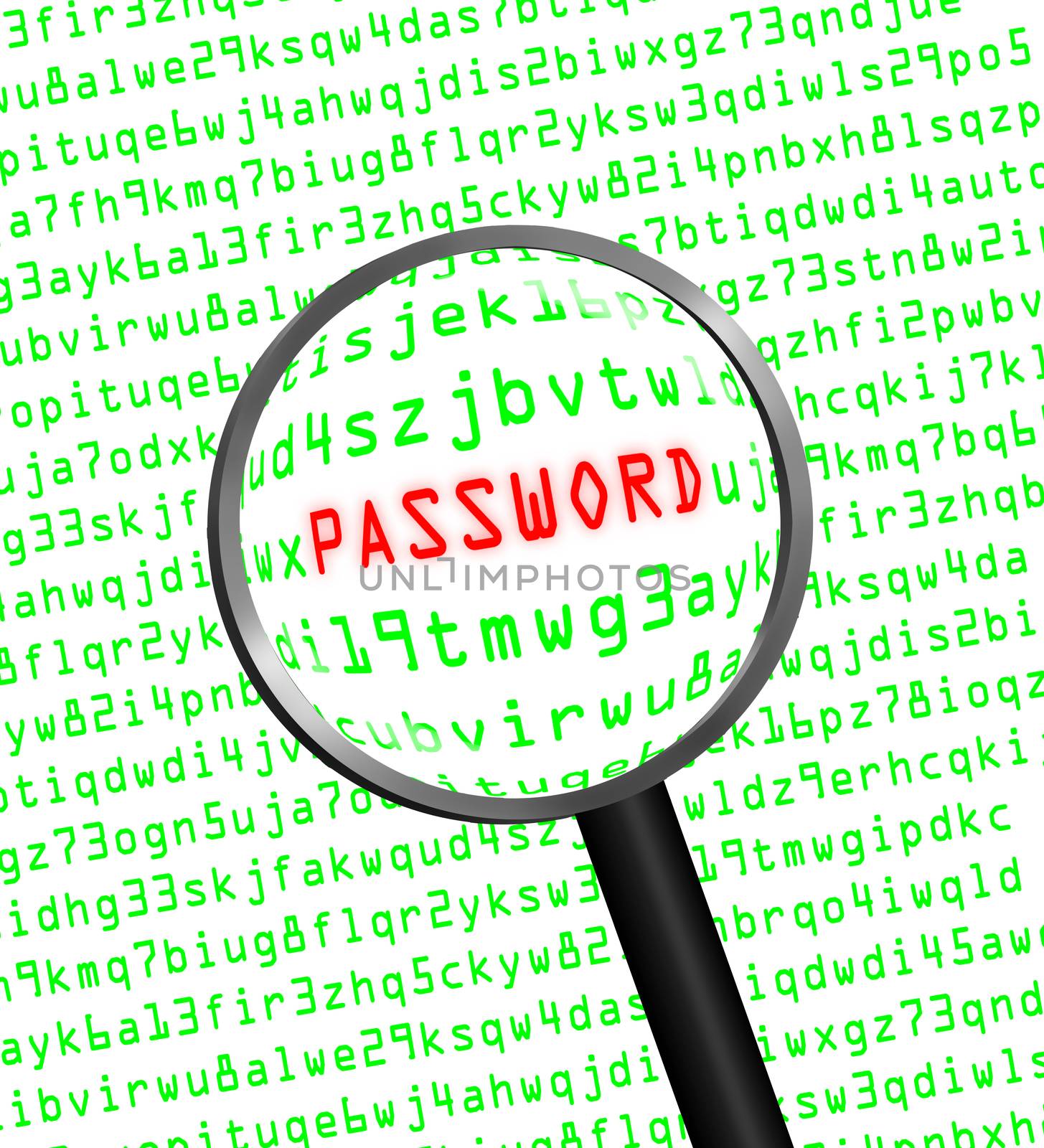 The word "PASSWORD" in red revealed in green computer machine code through a magnifying glass. White background.