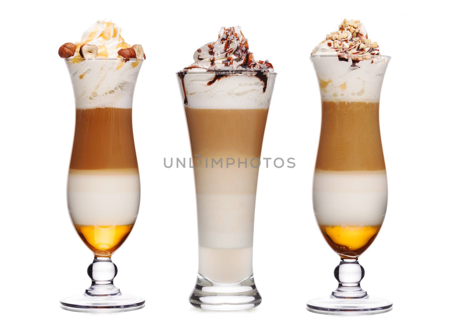Sweet coffee cocktails with toppings decorated with various nuts