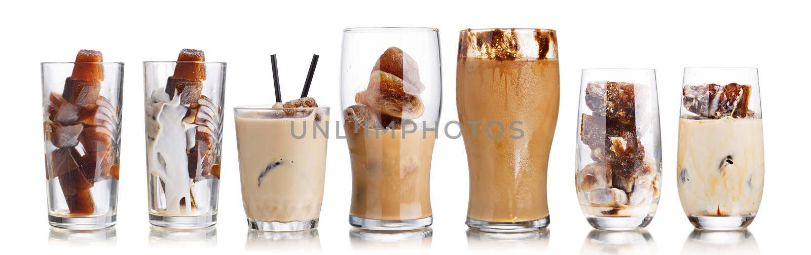 Collection of milk coffee cocktails from frozen coffee cubes in highball glass. Iced milk freezer coffee
