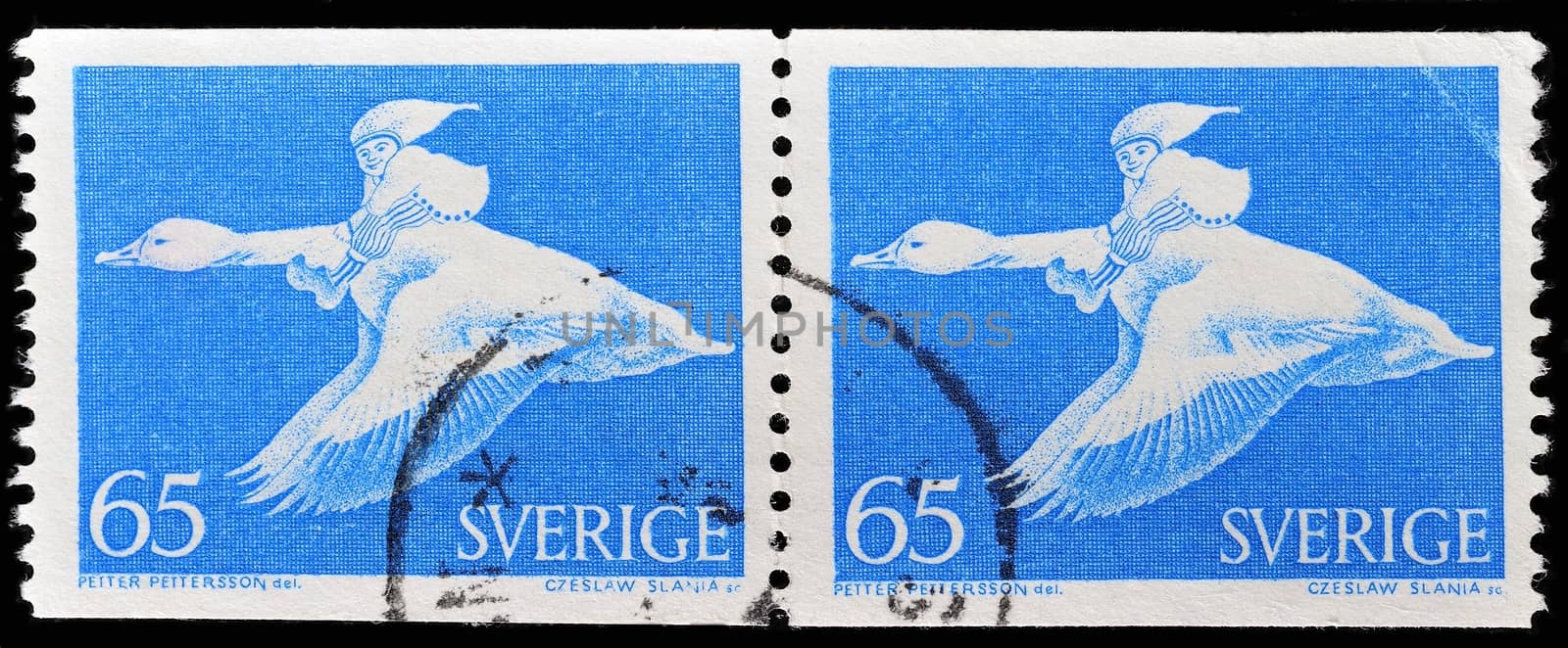 SWEDEN - CIRCA 1967: a stamp printed in the Sweden shows Nils Holgersson Riding Wild Goose, circa 1967