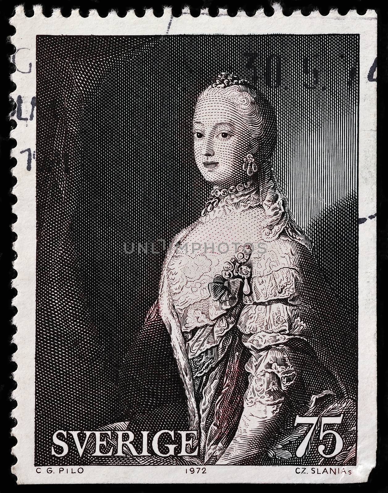 SWEDEN - CIRCA 1972: A stamp printed by SWEDEN shows image portrait of Swedish Crown Princess Sofia-Magdalena (1746-1813) by Anonymous Artist, circa 1972