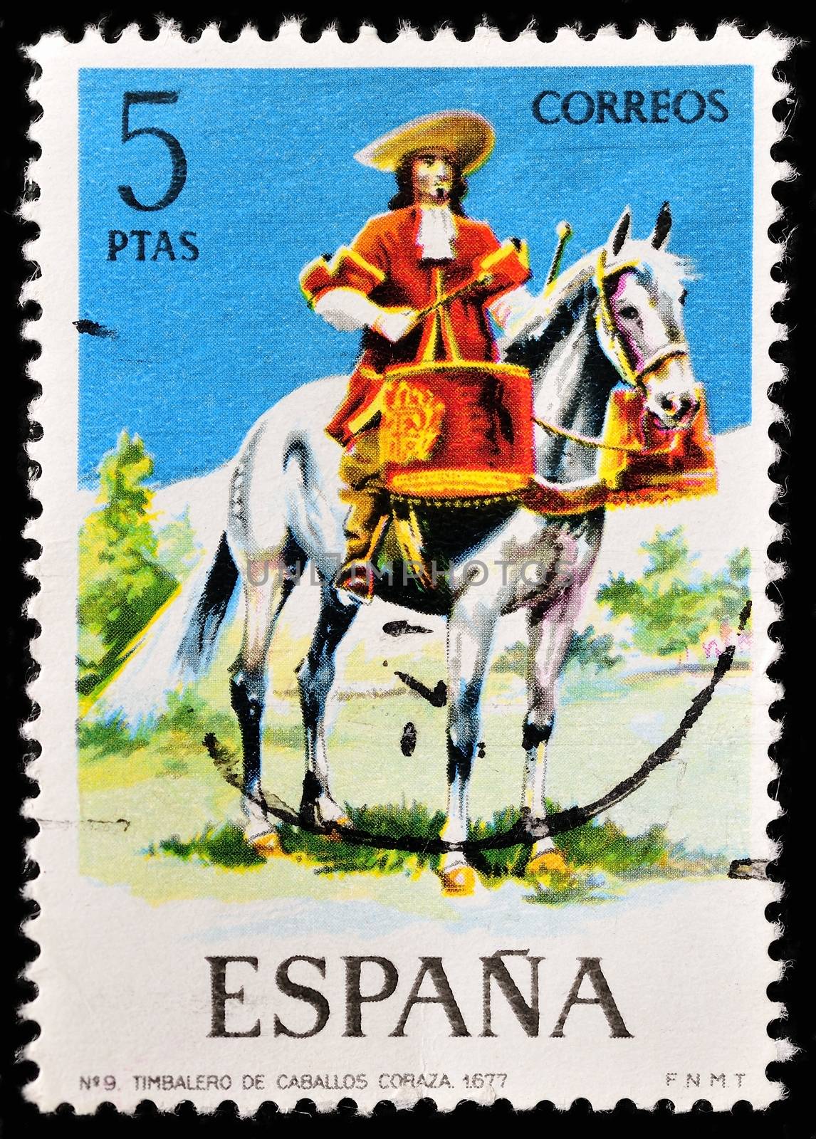 SPAIN - CIRCA 1974: a stamp printed in the Spain shows Mounted Drummer of the Dragoons, 1677, Uniform, circa 1974