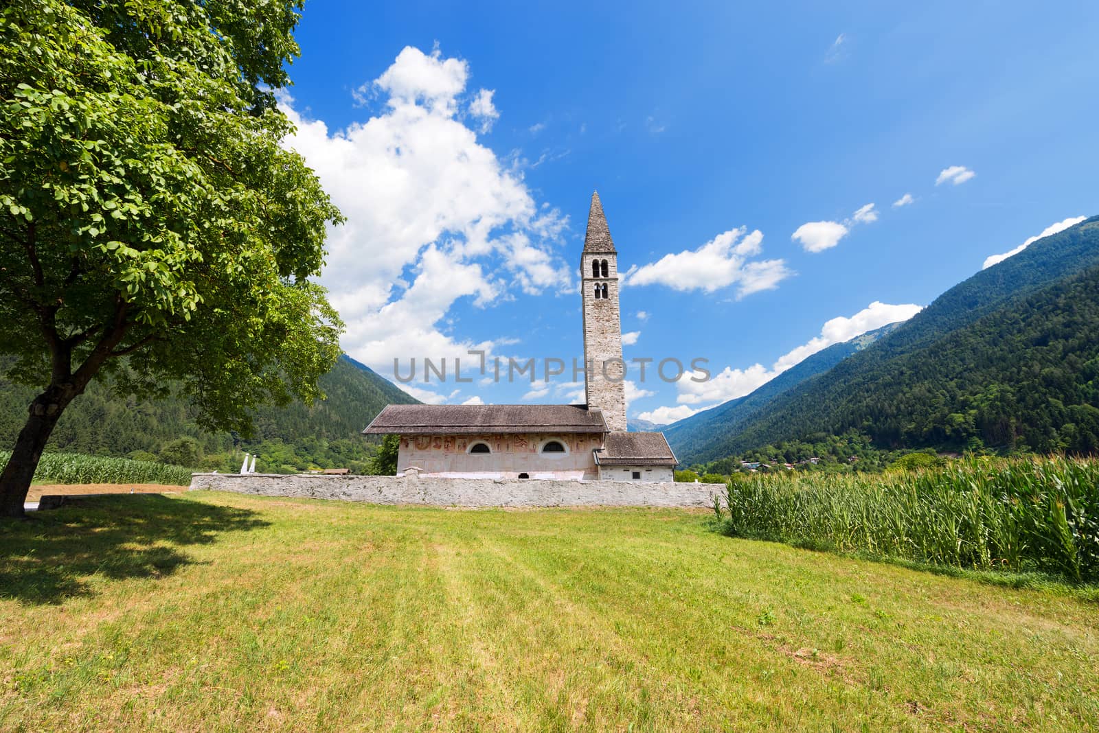 Ancient church of Sant'Antonio Abate (XV century) in Pelugo, Val di Fassa, Trento Italy 