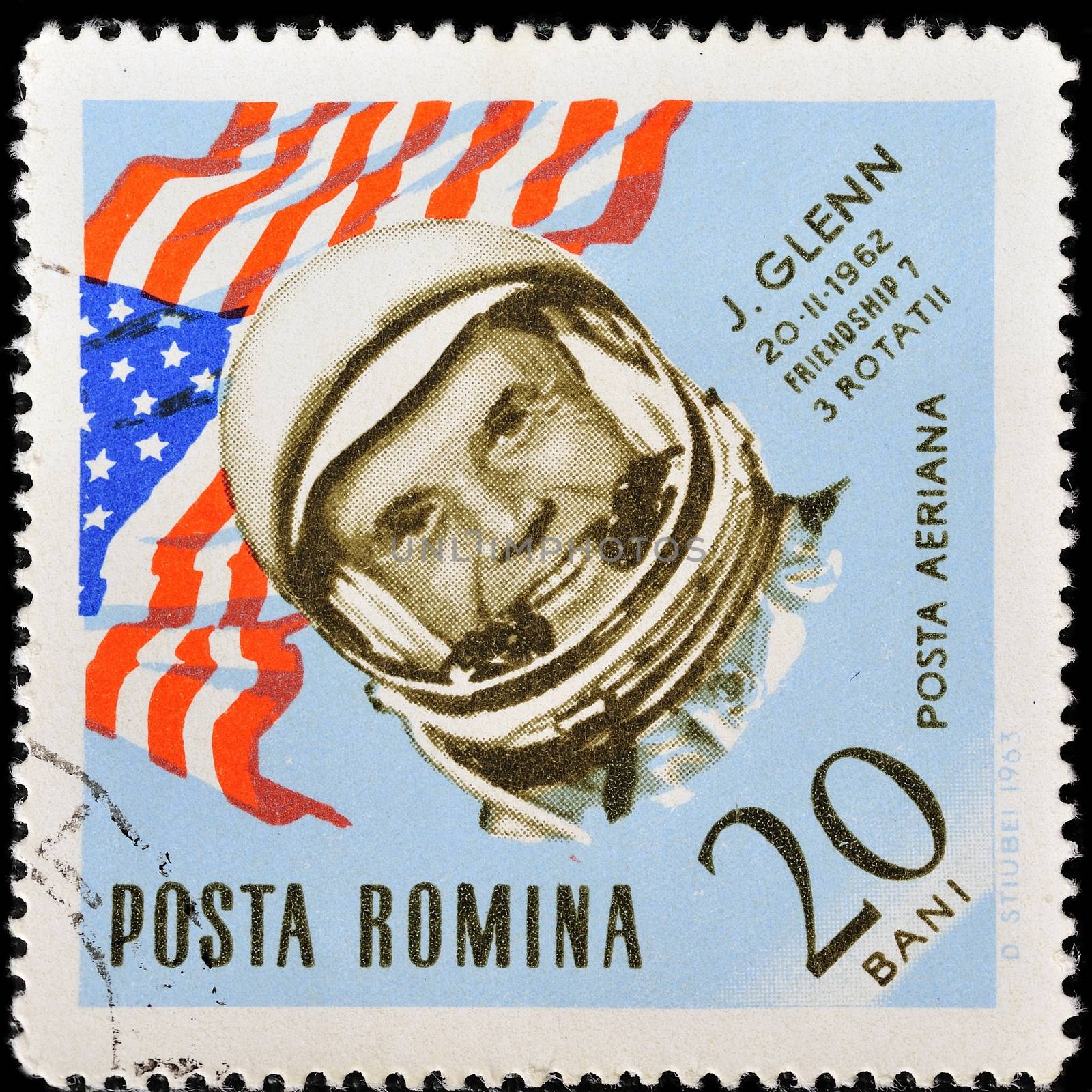 ROMANIA - CIRCA 1963: A stamp printed in Romania shows USA flag and portrait of astronaut John Glenn, with the same inscription, from the series "Space Navigation", circa 1963