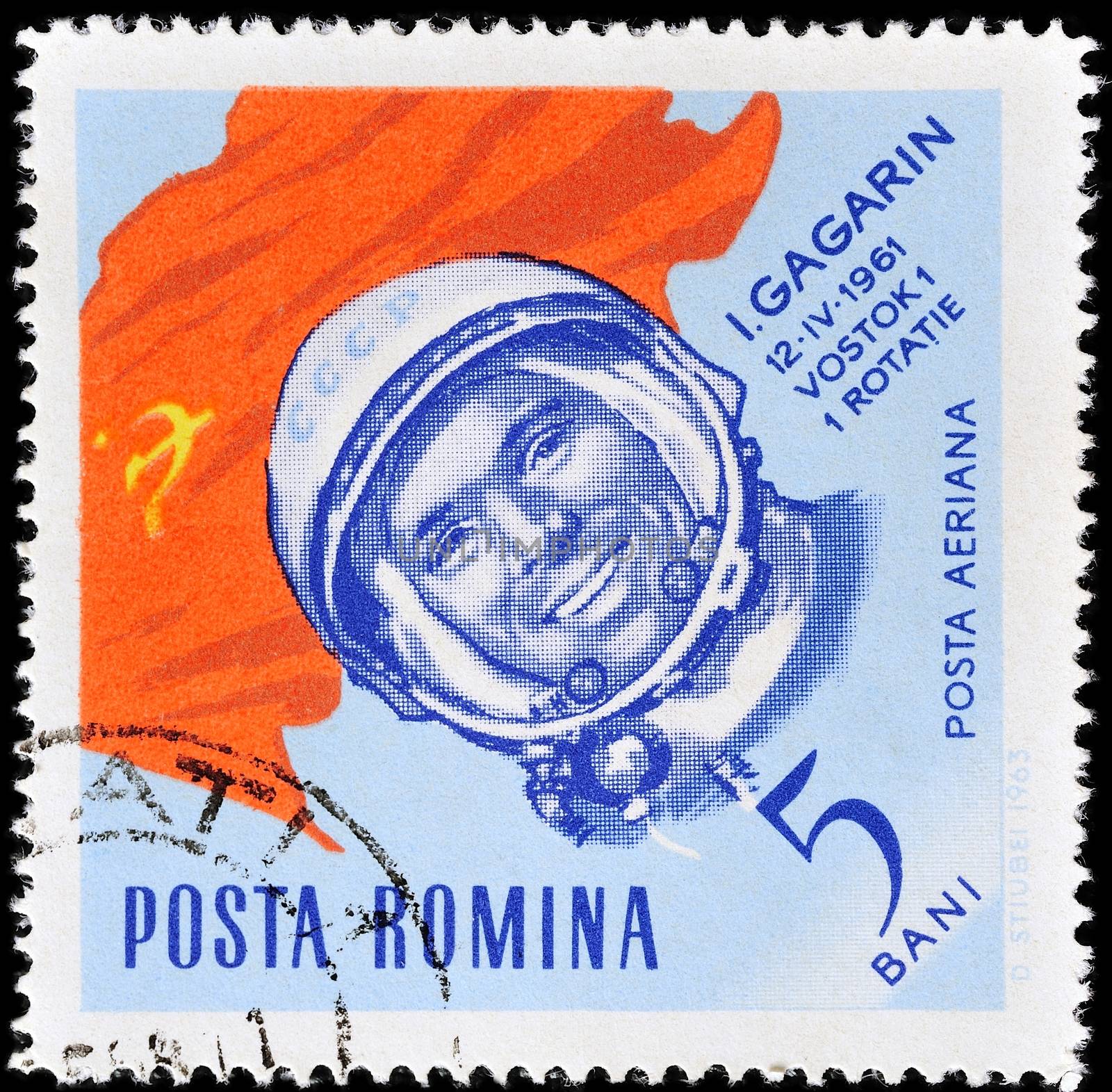 ROMANIA - CIRCA 1964: Postage stamp printed in Romania shows the first cosmonaut Yuri Gagarin, circa 1964