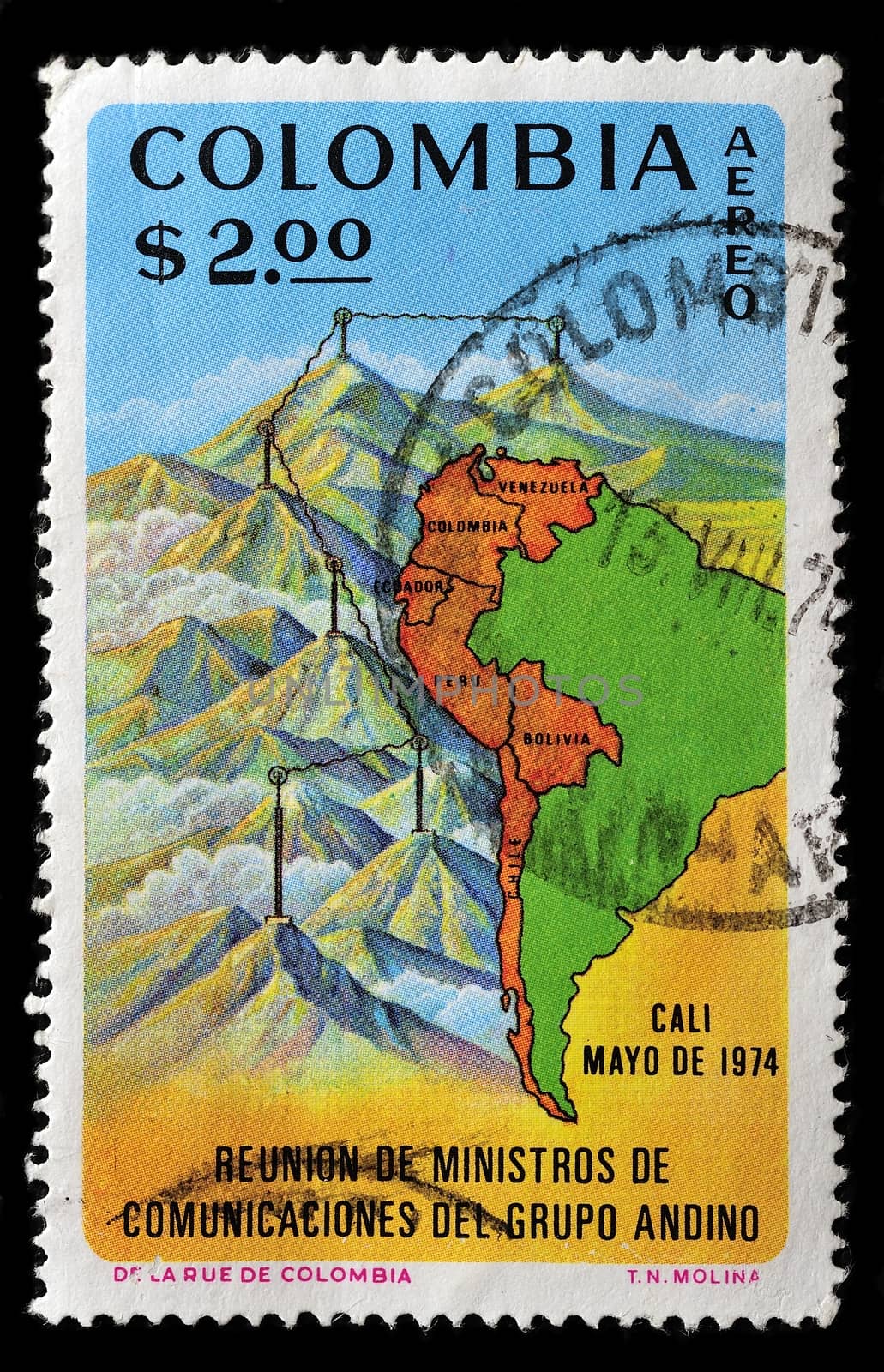COLOMBIA - CIRCA 1974: A stamp printed in Colombia shows image of a map of Colombia, series, circa 1974