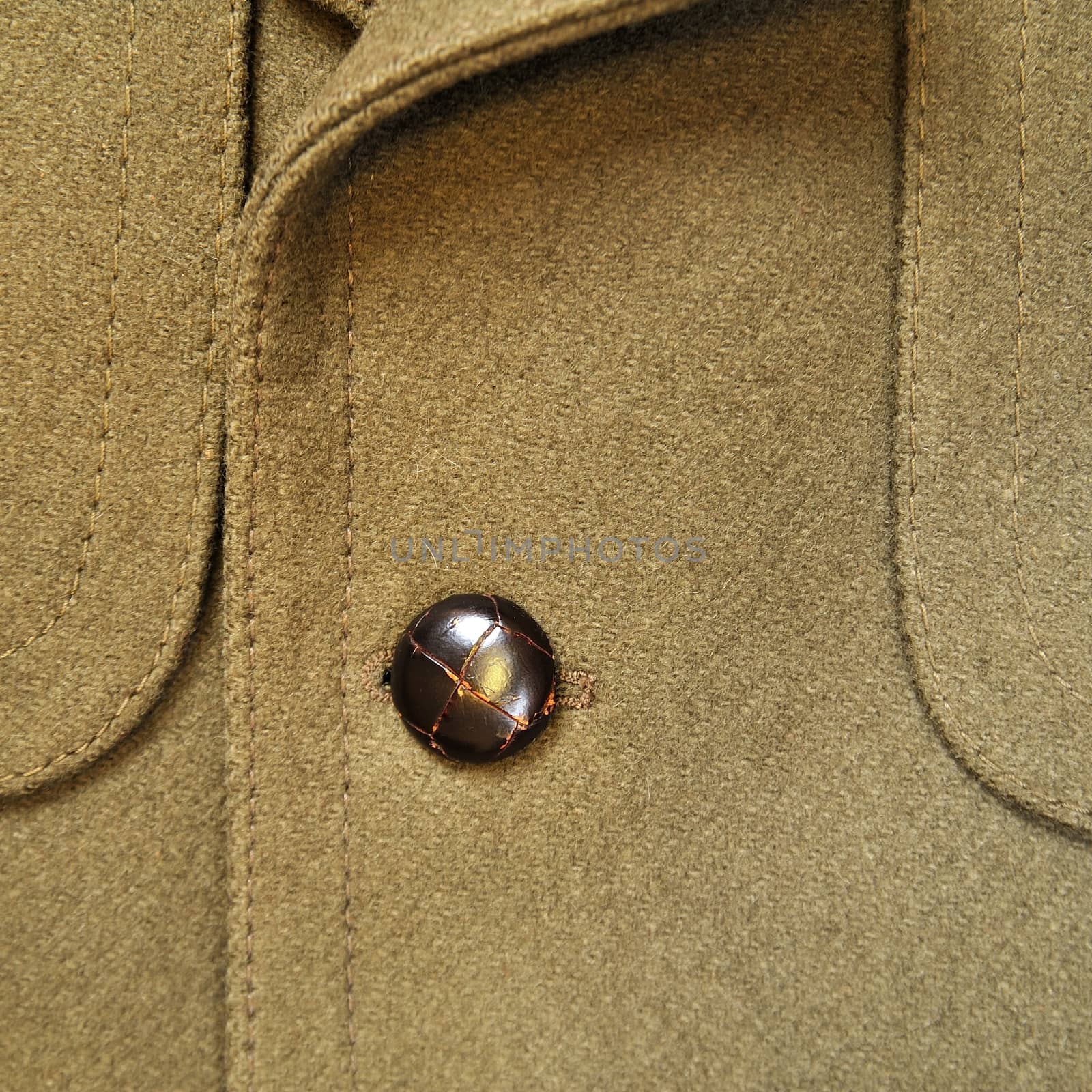 Close-up of a classic green wool coat with button.