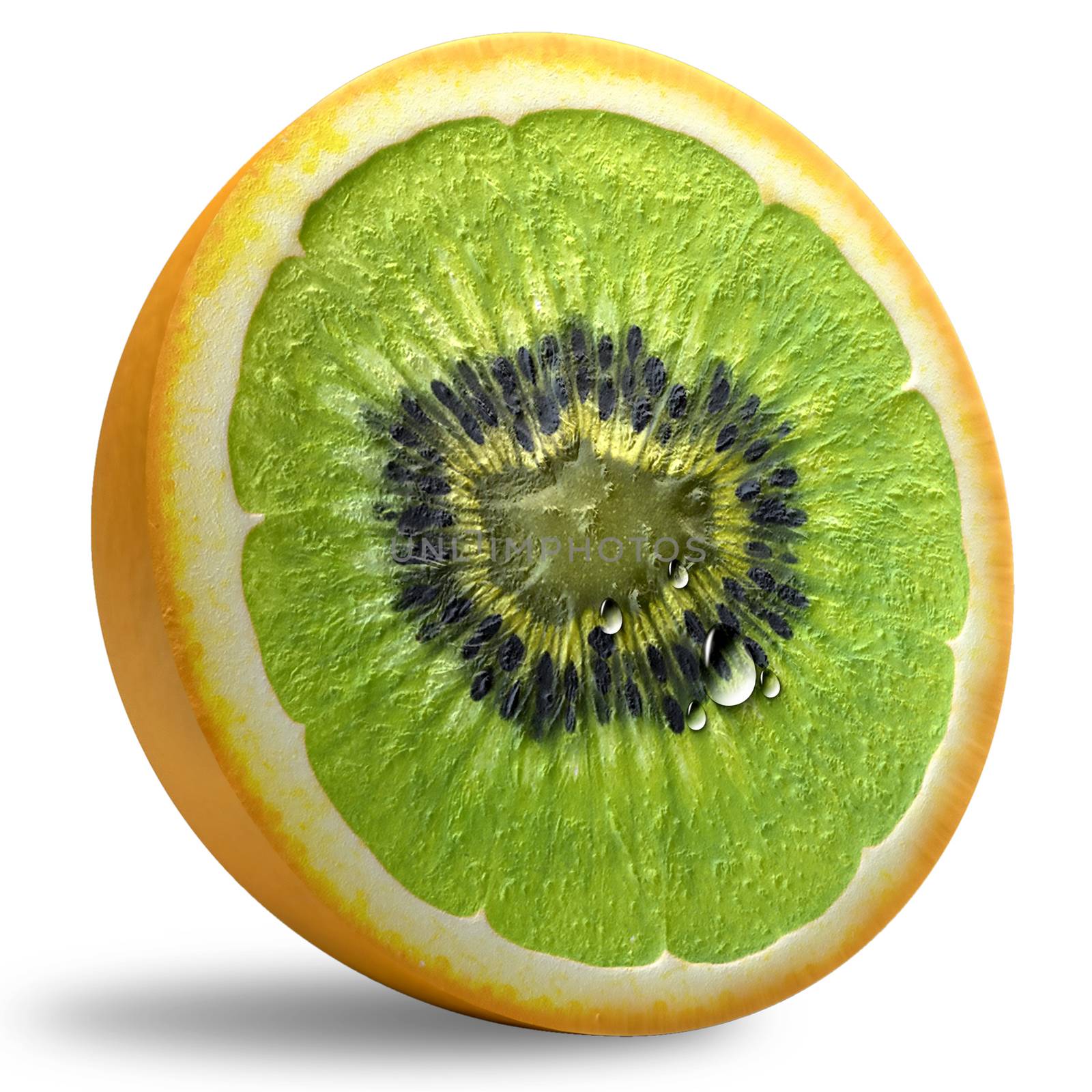 GMO Concept. Fresh kiwi cut ripe orange. Product of genetic engineering. 3D Illustration.