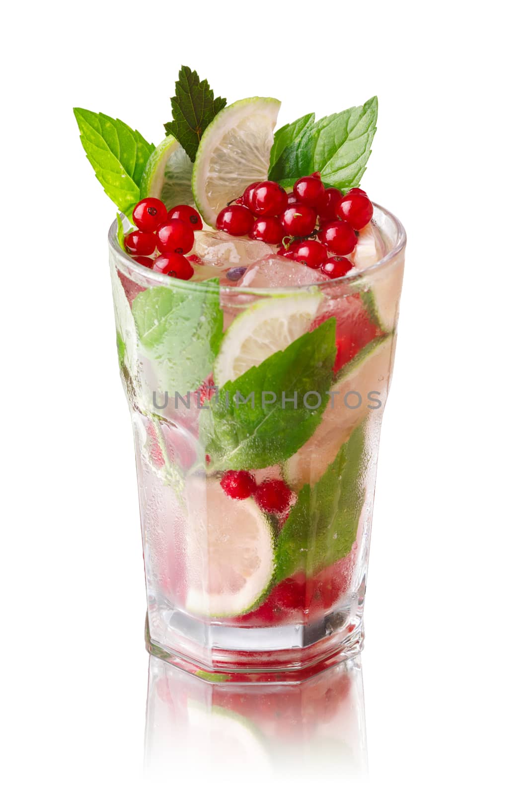Red currant mojito. Refreshing alcoholic cocktail with red currant,lime,rum and mint