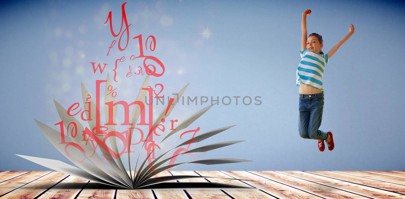 Composite image of cute little girl jumping up by Wavebreakmedia