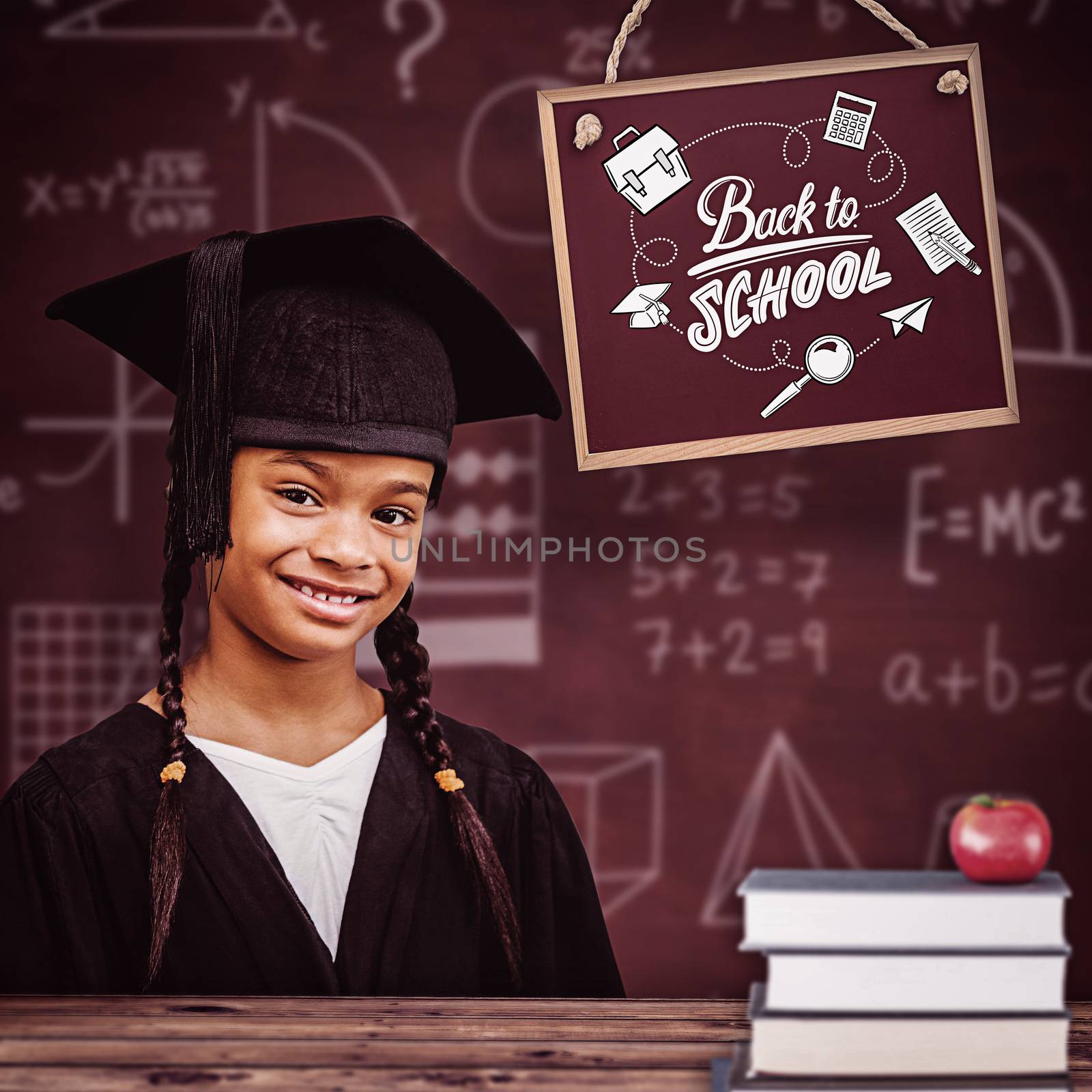 Cute pupil graduating against wooden planks background