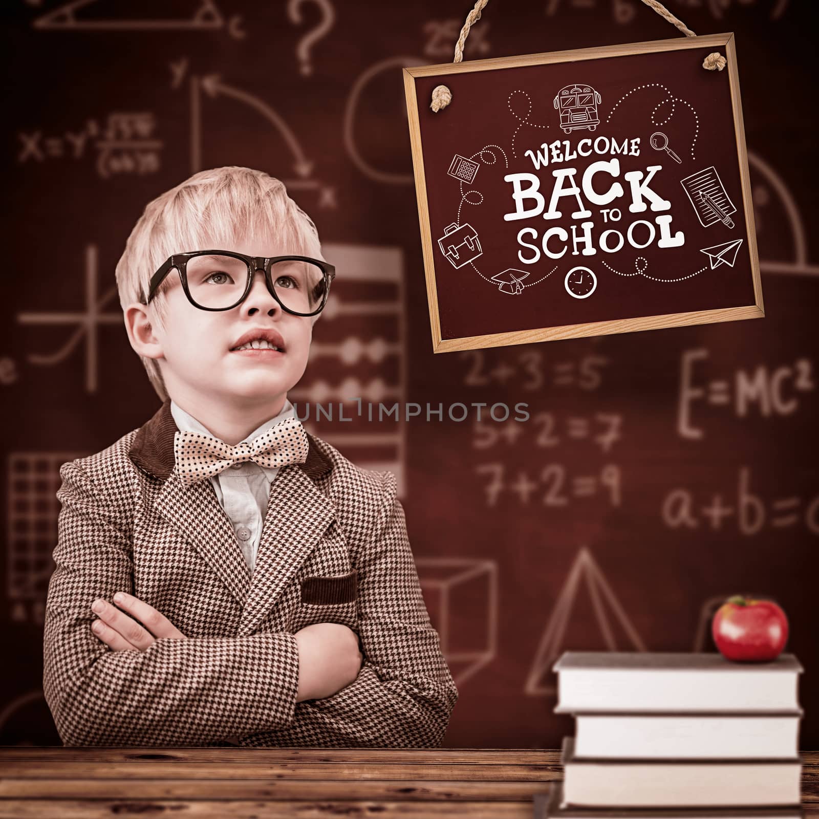 Cute pupil dressed up as teacher  against wooden planks background