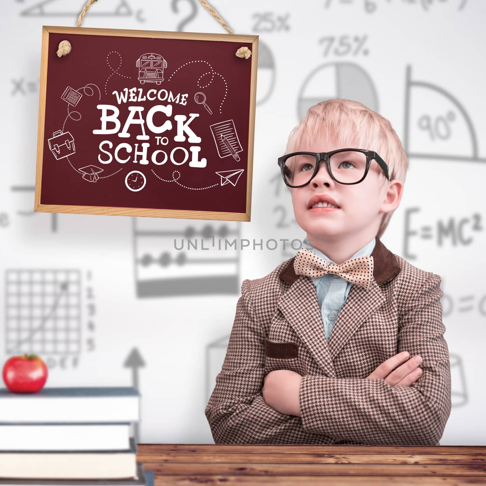 Cute pupil dressed up as teacher  against wooden planks background