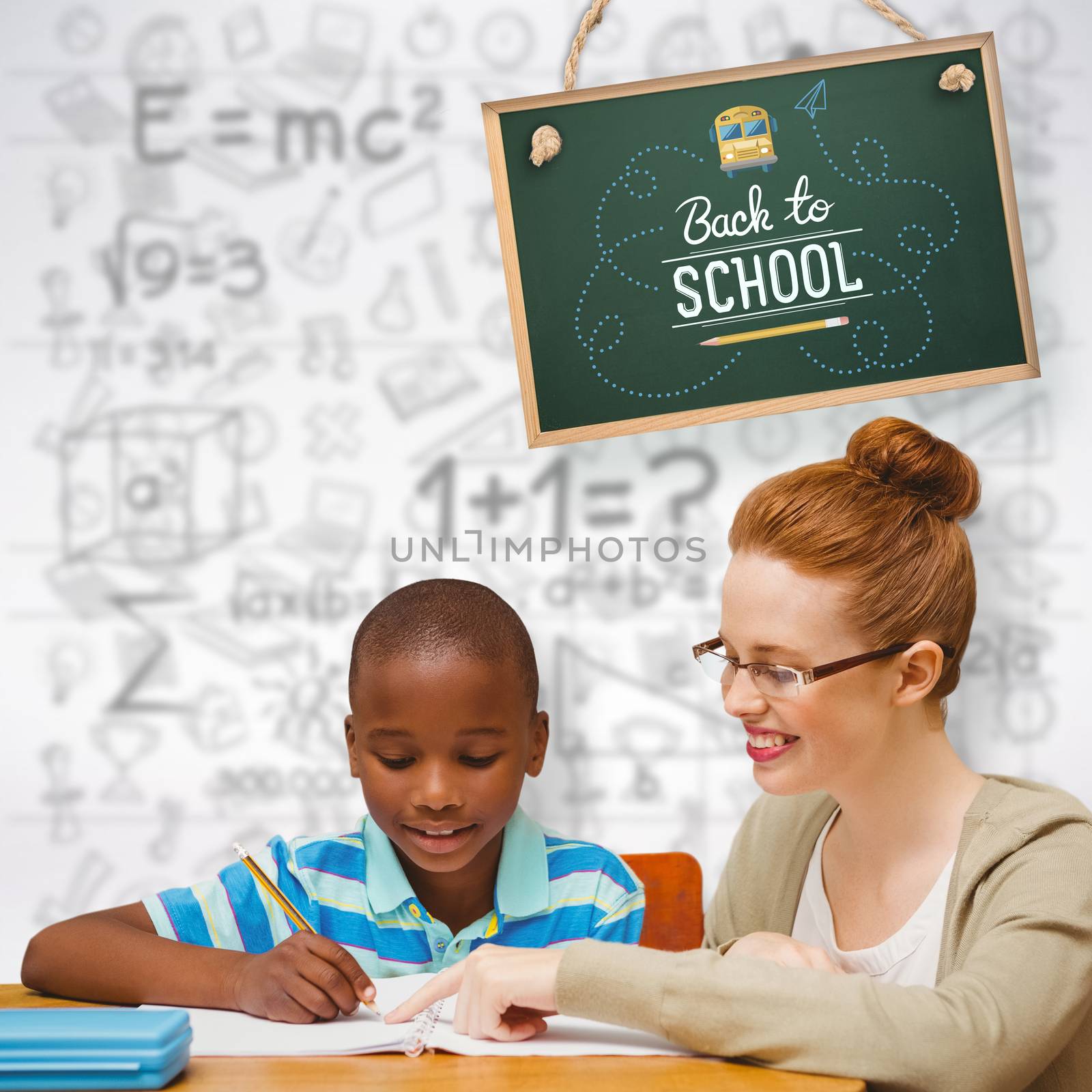 Happy pupil and teacher against grey background