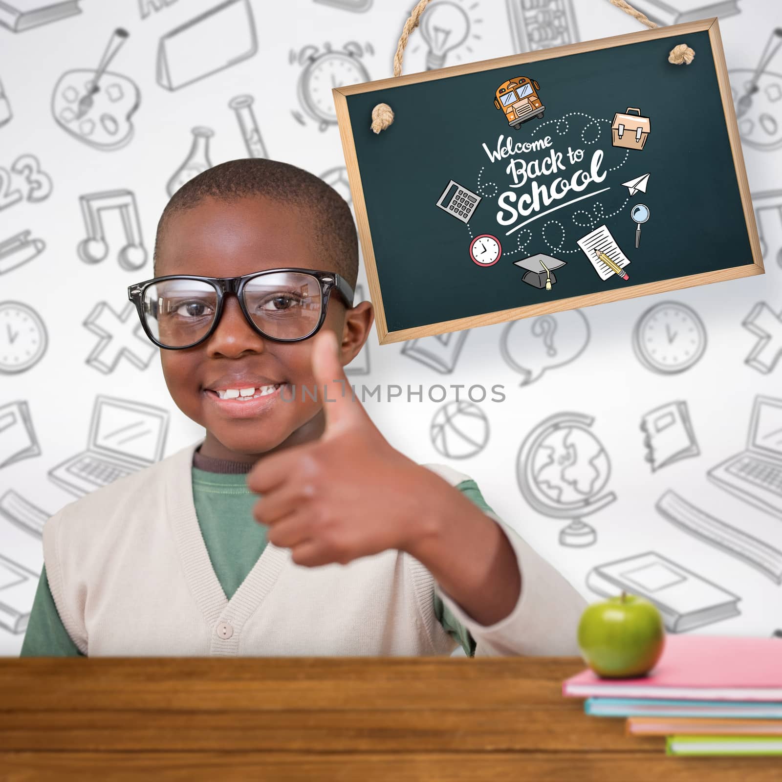 Cute pupil with thumbs up against overhead of wooden planks