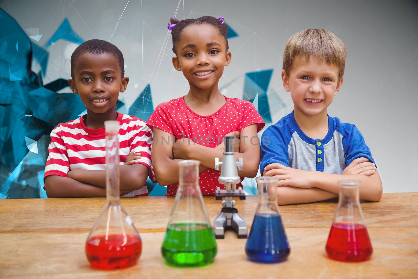 Cute pupils standing with arms crossed behind beaker against angular design