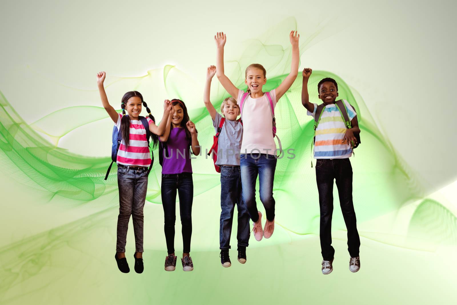 School kids running in school corridor against green abstract design