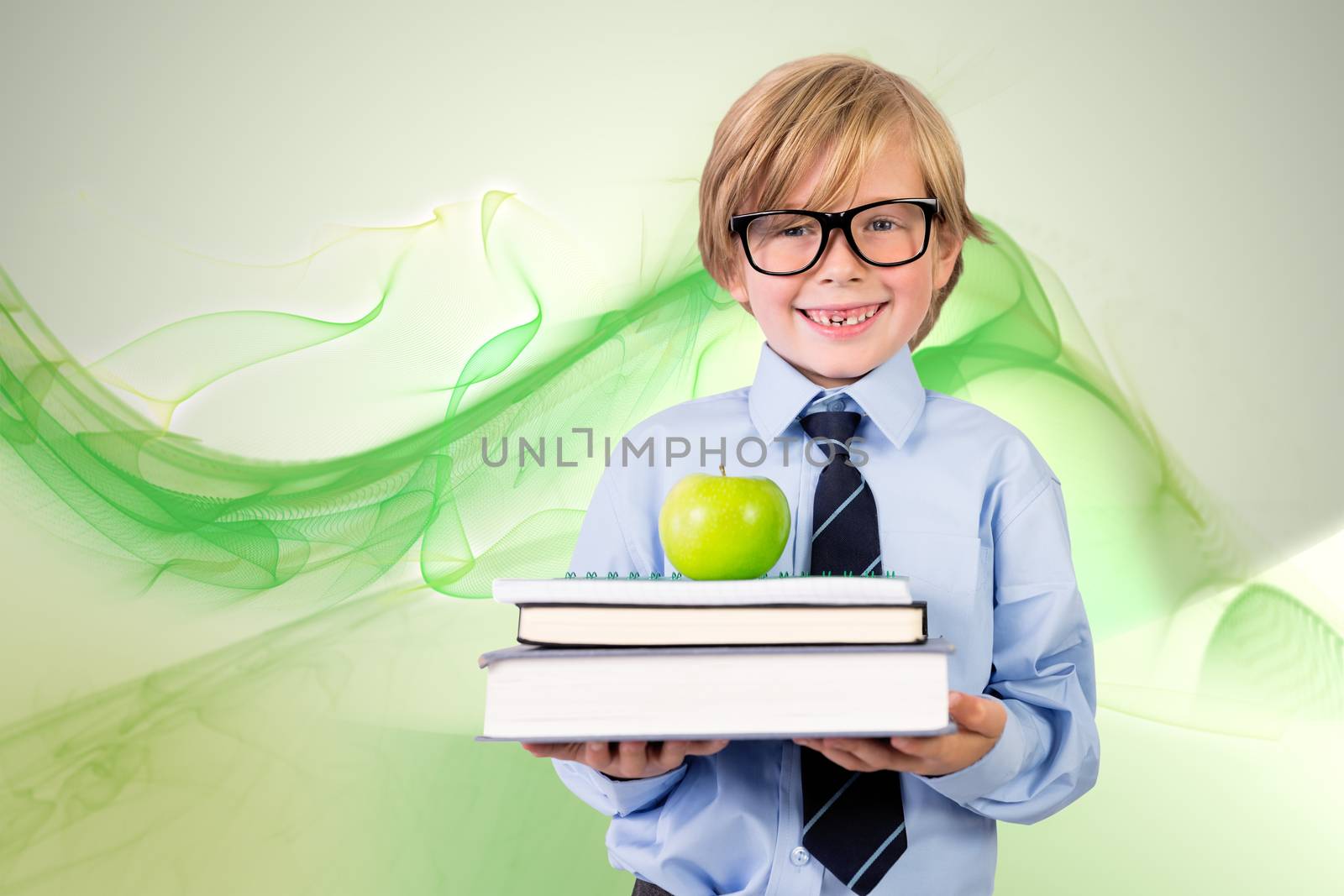 Composite image of cute pupil holding books and apple by Wavebreakmedia