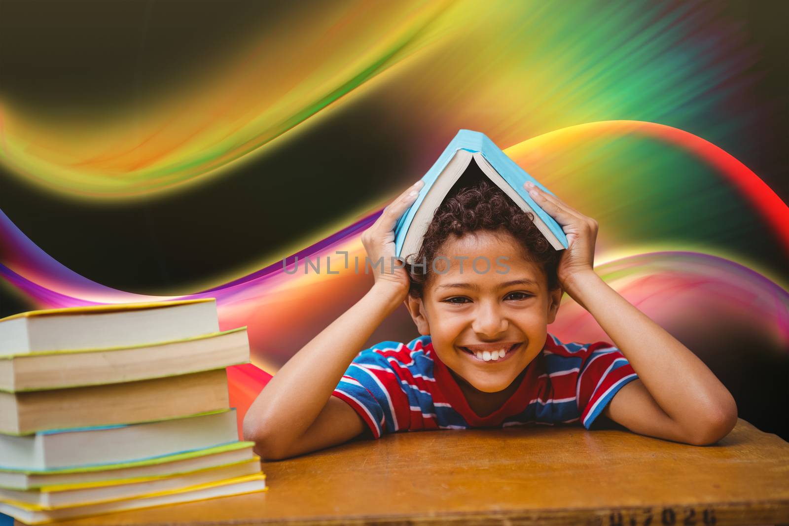 Pupil with many books against glowing abstract design