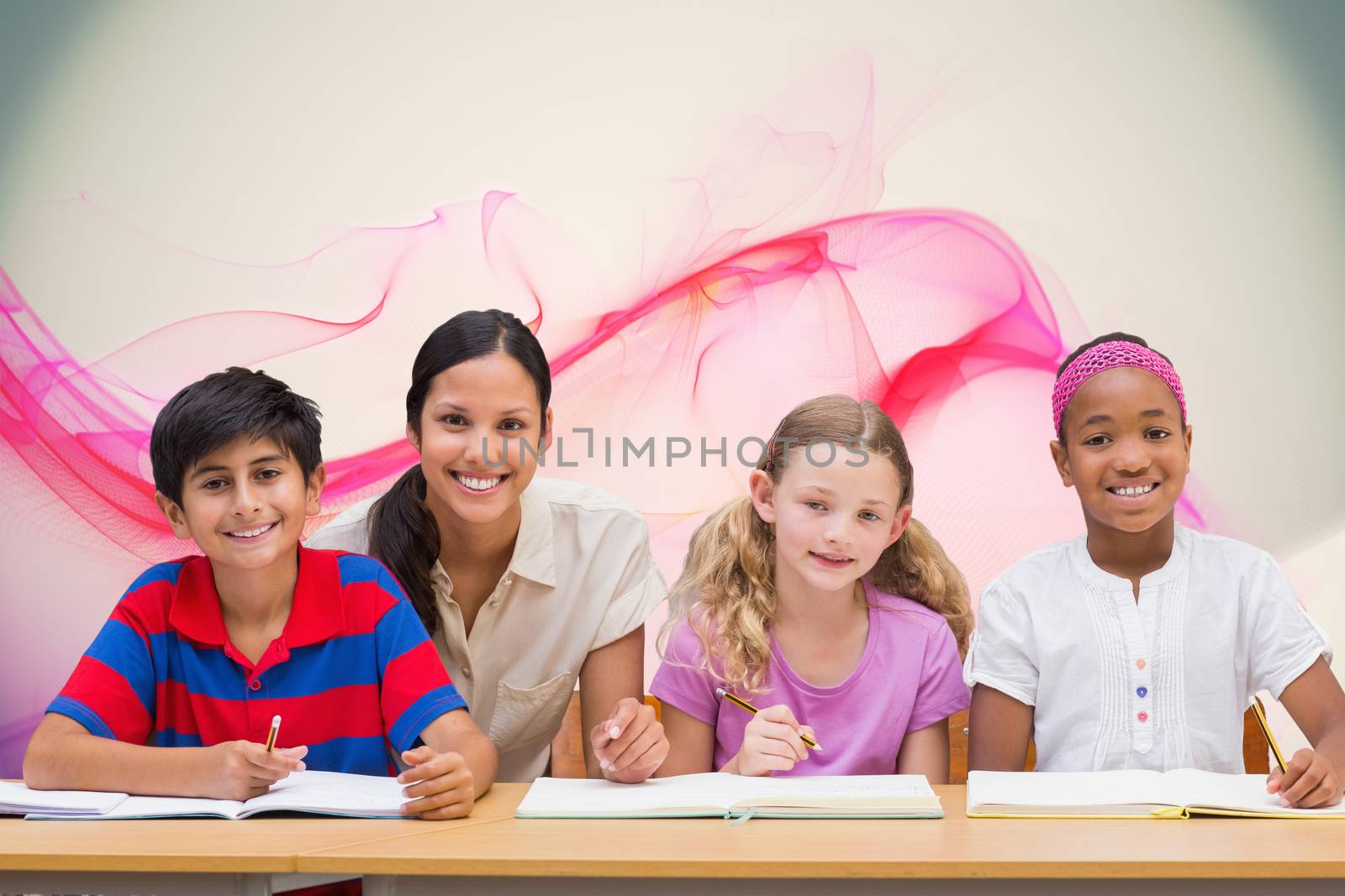 Composite image of pretty teacher helping pupils in library by Wavebreakmedia