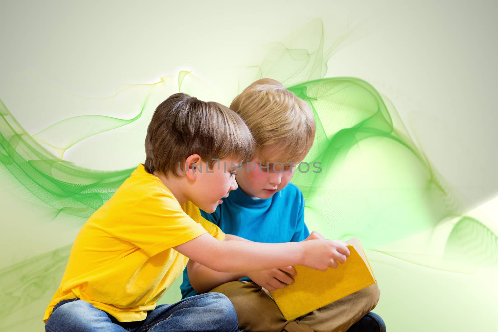 Pupils reading book against green abstract design