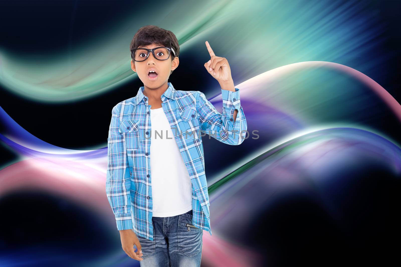 Composite image of cute boy pointing up with finger by Wavebreakmedia