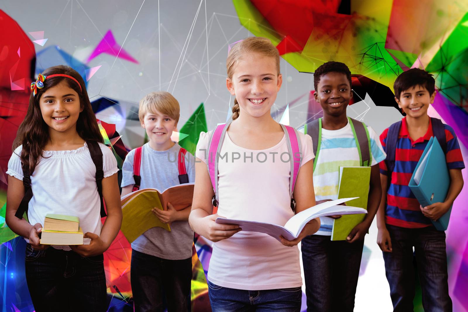 Composite image of smiling little school kids in school corridor by Wavebreakmedia