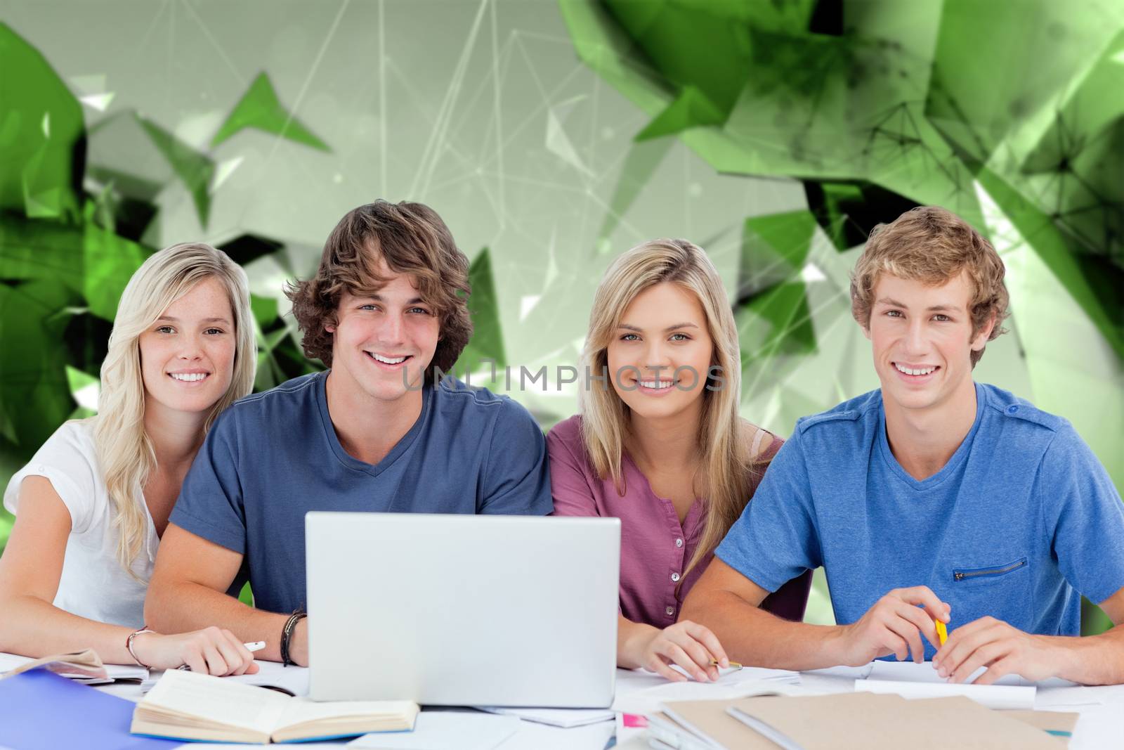 A group of students with a laptop look into the camera against angular design