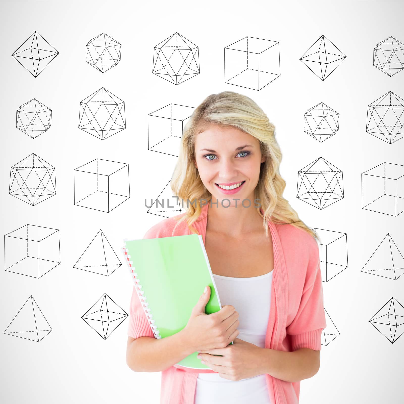 Young pretty student smiling against geometric shape