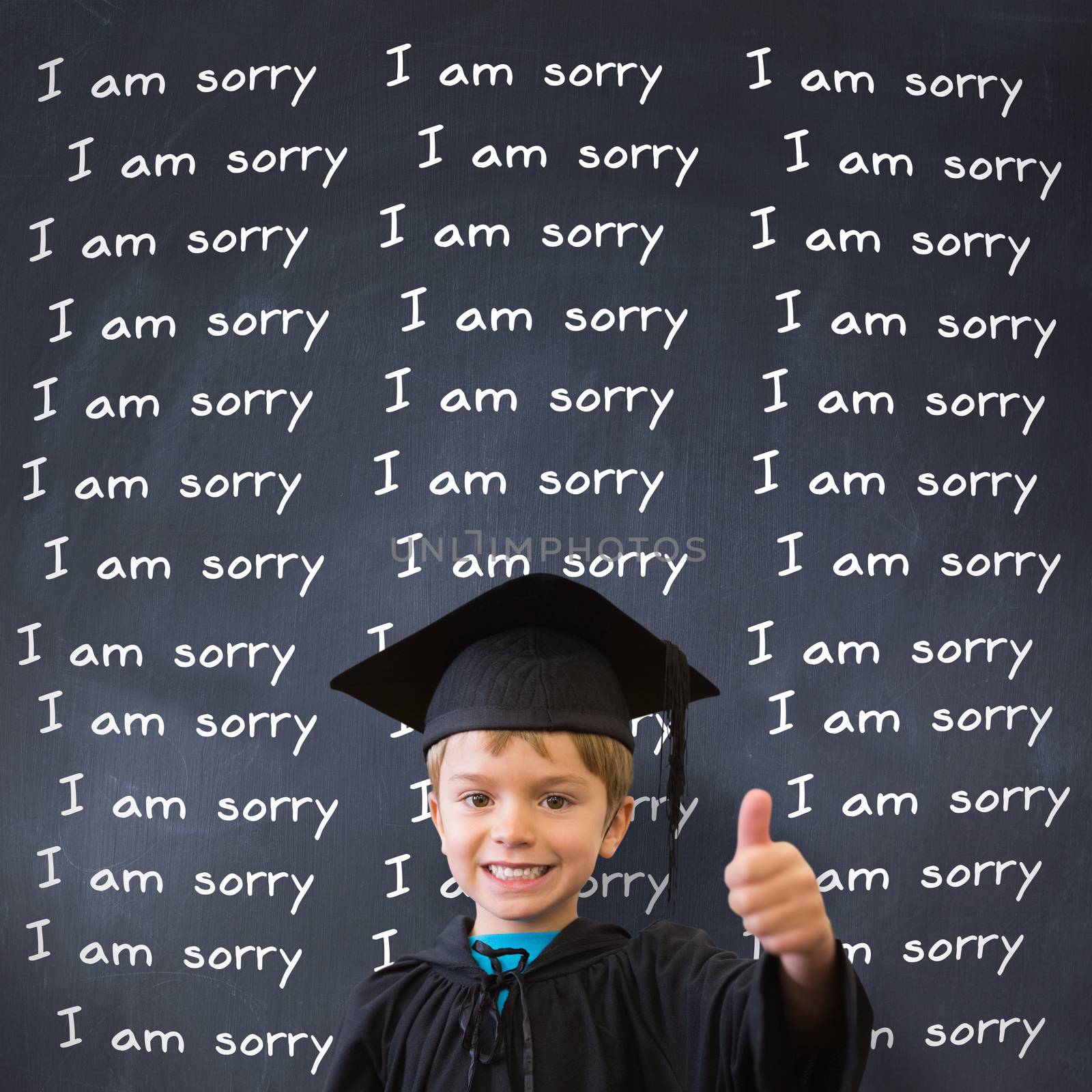 Cute pupil in graduation robe against black background