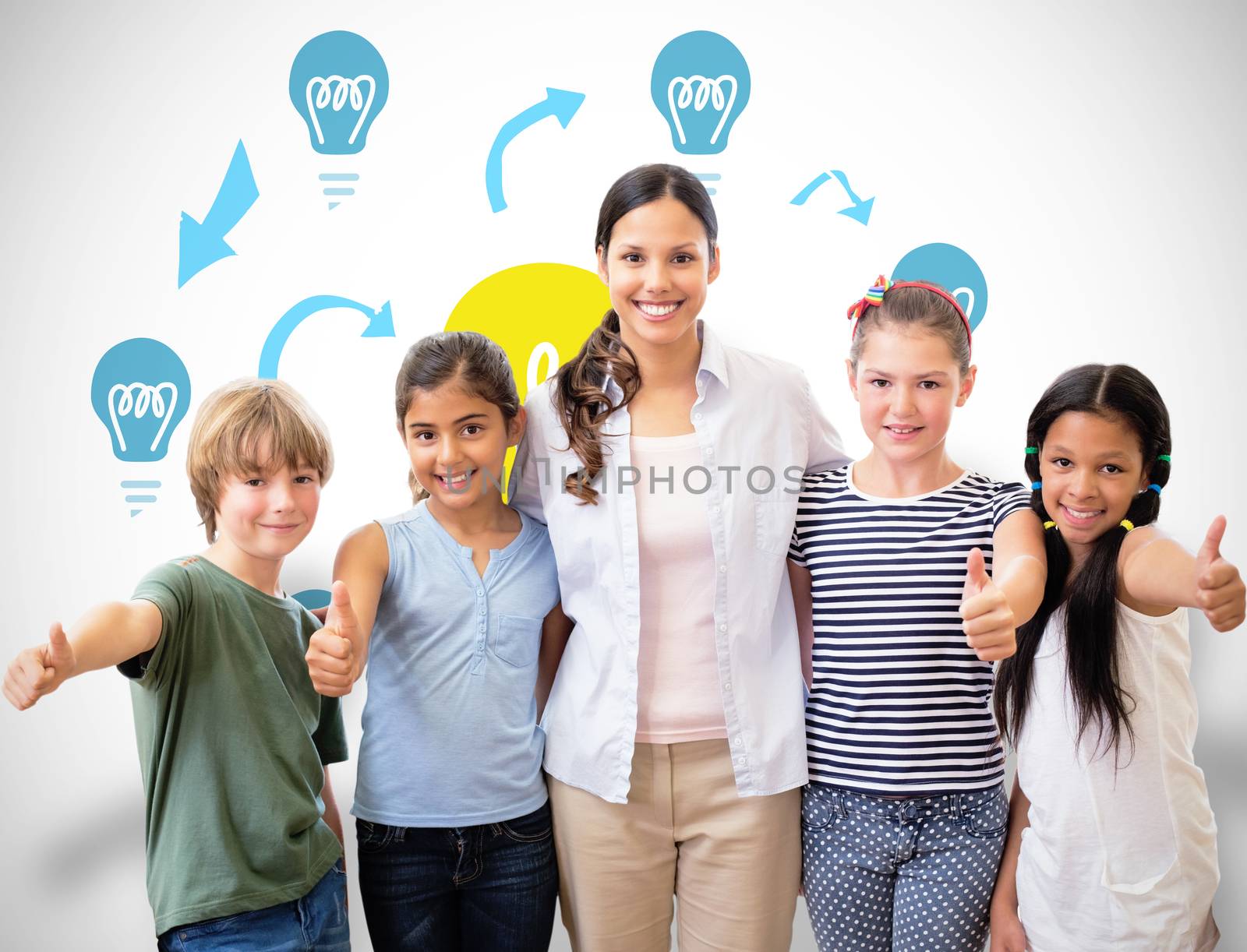 Cute pupils and teacher smiling at camera in computer class  against white background with vignette