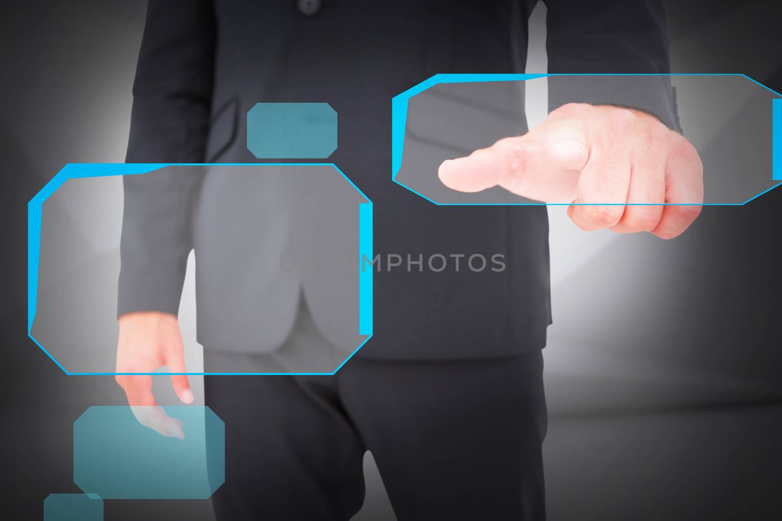 Businessman pointing with finger against abstract white room