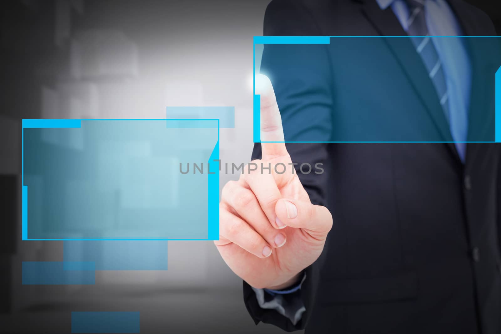 Composite image of mid section of businessman pointing something up by Wavebreakmedia