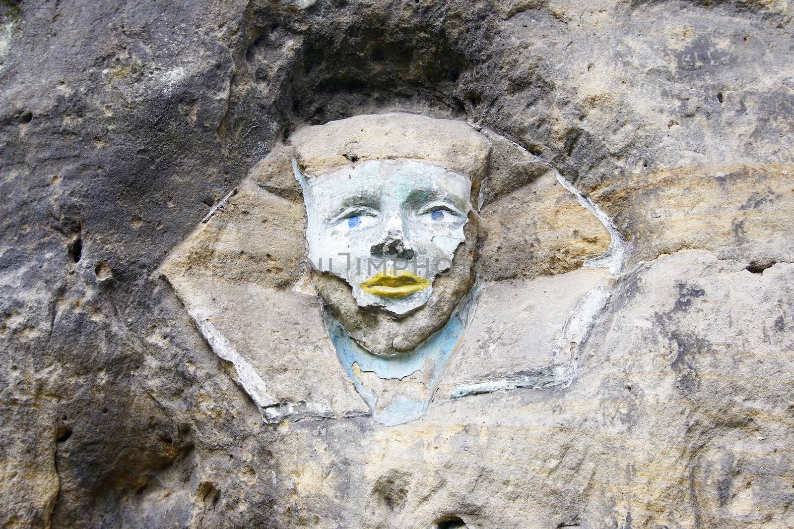 Sphinx - rock sculptures of giant head of Sphinx carved into the sandstone cliffs in the pine forest above the village Zelizy in the district Melnik, Czech republic. It is the works of sculptor Vaclav Levy, who created in the period 1841-1846.